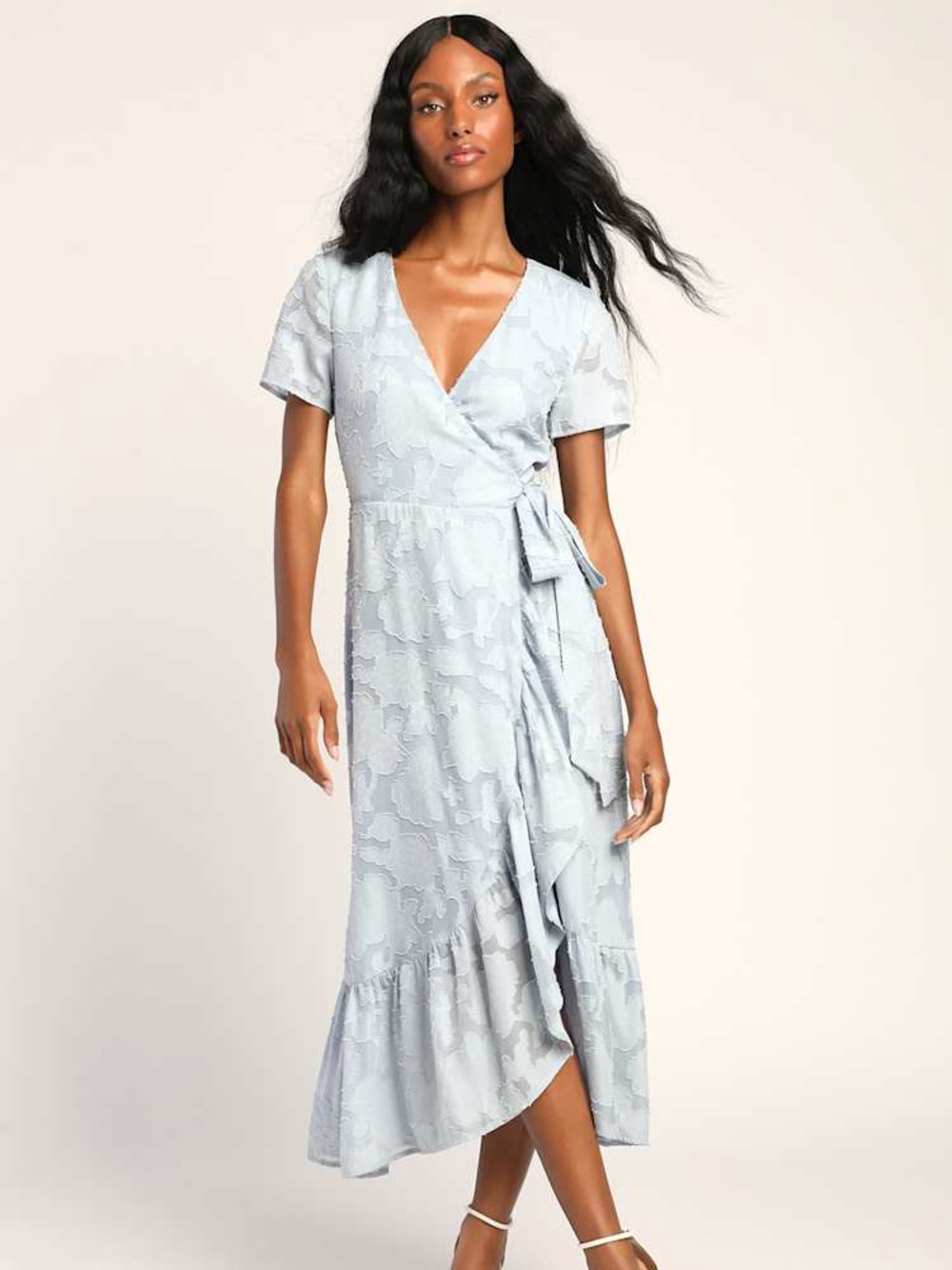 Light Blue Wrap Midi Dress with Tie Waist